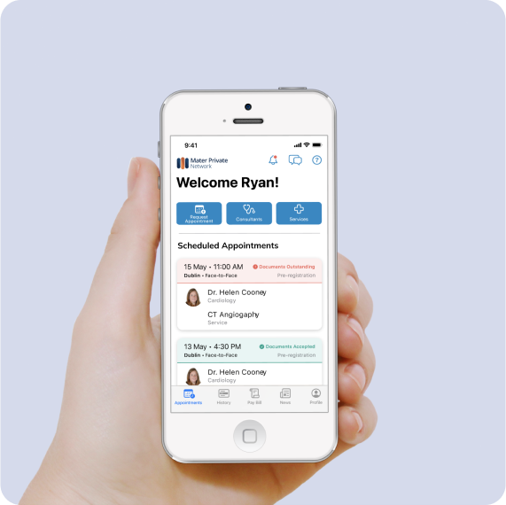 MyMaterPrivate app interface designed to assist in managing various aspects of your health.