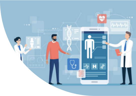 A conceptual graphic illustrating the future of healthcare, featuring icons and figures of a patient and doctors