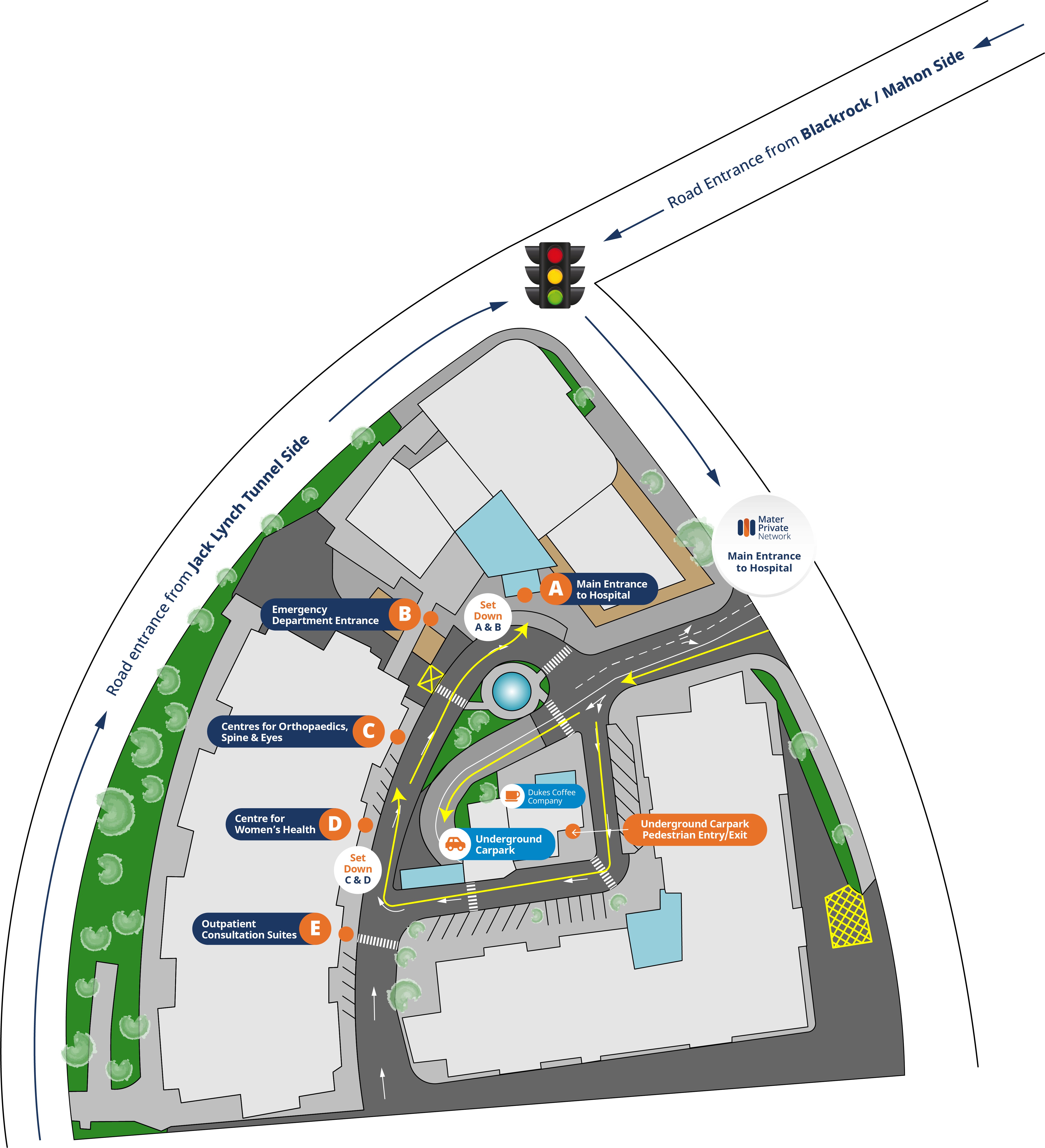 A map showing two roads, one from Jack Lynch Tunnel Side and the Blackrock/Mahon side, to Mater Private Network Cork's campus.
