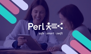 A female doctor is showing a patient something on a tablet. They are behind a purple design which includes the PERL logo.